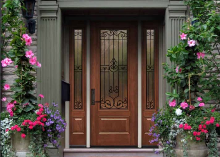 Dark brown wooden exterior door with accent windows