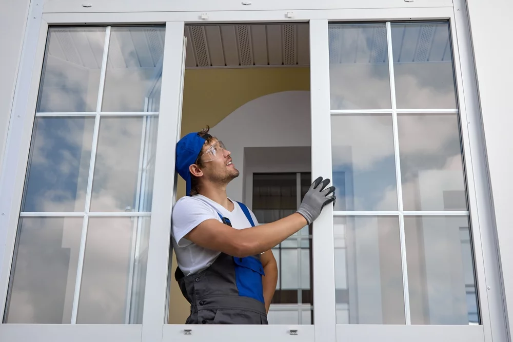 A worker in a blue hat and overalls installing home windows.