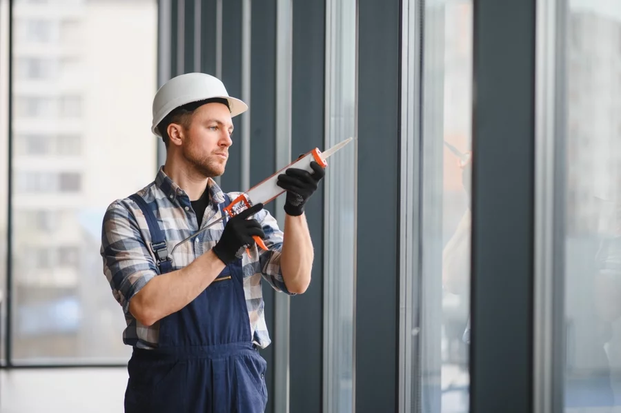 A window contractor caulking windows.